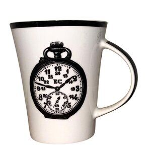 White & Black Ceramic Mug With Vintage Pocket Watch Design 13 Oz Made In China